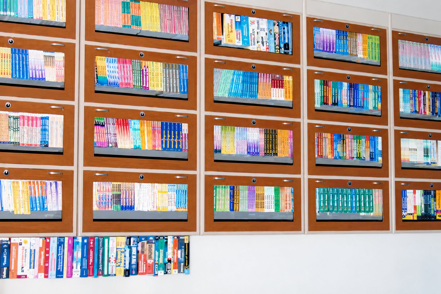 Shelves of colorful books in a learning space.