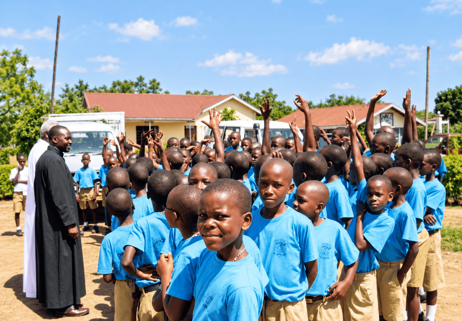 Children in blue shirts gather outdoors with adults nearby.